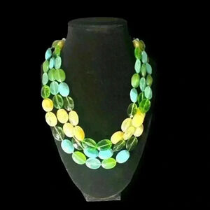 Vintage Fruit Lucid 3 Strand Faceted Bead Yellow Green White Oval Necklace 10in